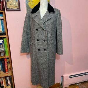 Vintage Mid 20th Century Tweed and Velvet Double Breasted Coat